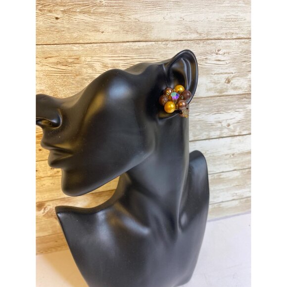 Mid-Century Cluster Earrings: Aurora Borealis Faceted Bead Surrounded by Black, - Picture 2 of 7